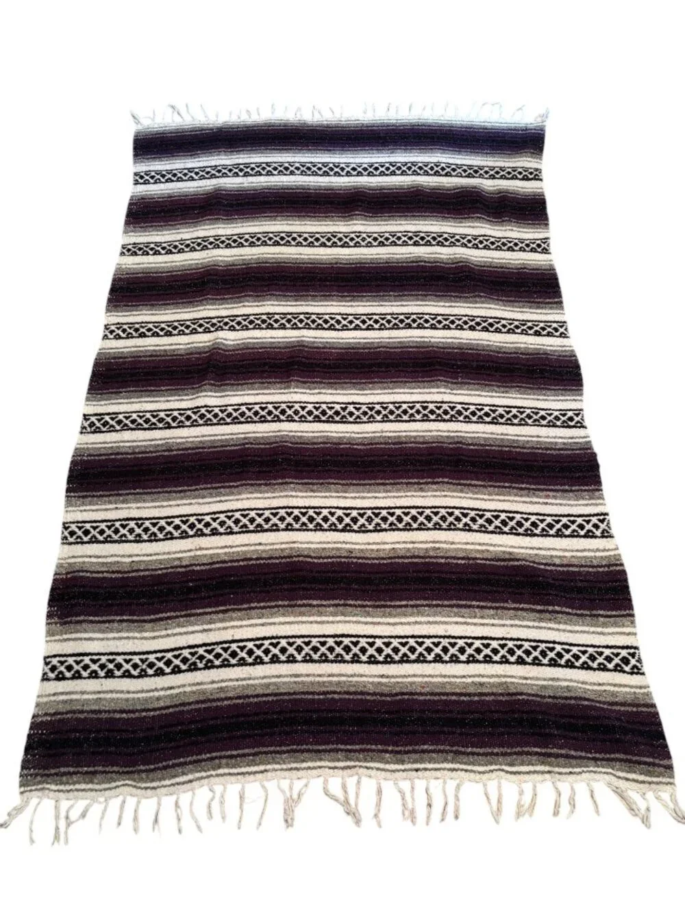Mexican Serape Blanket Rug With Fringe Purple & Cream Stripes 43
